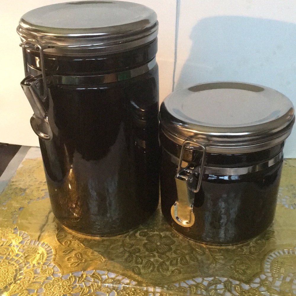 Vintage Alco Black canisters with silver lids and hermetic seals